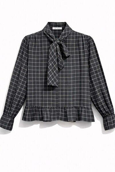 Mixray 4881 Γυναικεία καρό μπλούζα με διακοσμητικό γιακά και βολάν μαύρο