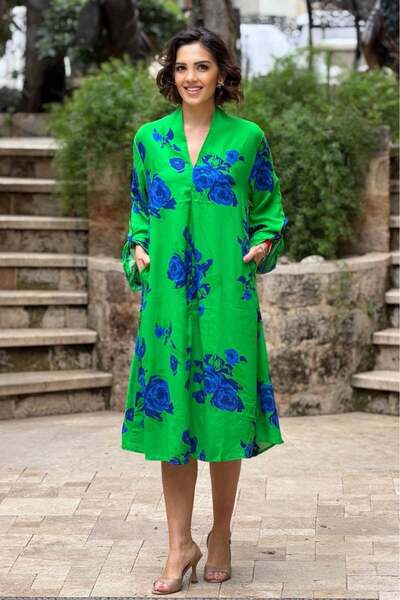 Nevin Kaya Moda Φόρεμα Robadan με πλισέ σχέδιο, πράσινο με μπλε τριαντάφυλλα