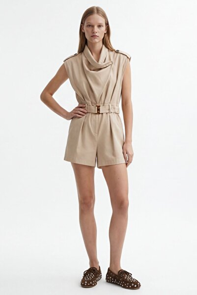 Quzu Asymmetric Collar Belted Shorts Jumpsuit Beige