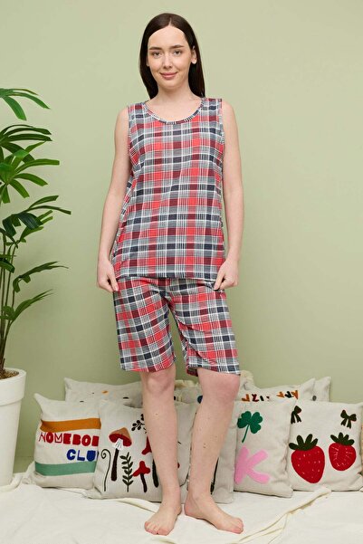 Fulla Moda Σετ πιτζάμες κάπρι χωρίς μανίκια με καρό σχέδιο σε μεγάλο μέγεθος