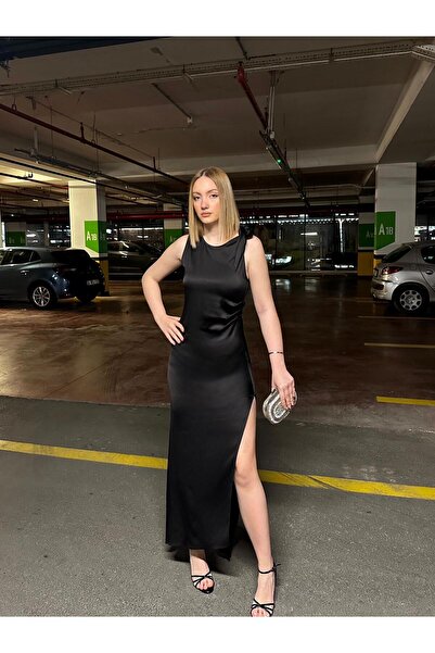 FİOXCO Lina Omuz Bağlama Detay Yan Yırtmaçlı Uzun Saten Abiye Elbise