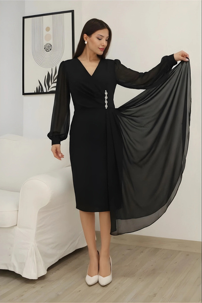 lodmela διπλό πέτο Βραδινό φόρεμα με λεπτομέρεια από σιφόν στη μέση και μανίκ...