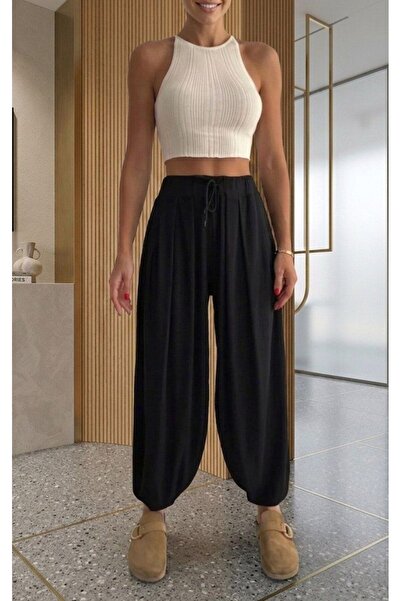 BEYAZTOPTAN Γυναικείο μαύρο ψηλόμεσο παντελόνι από ύφασμα Modal με ντραπέ εφέ