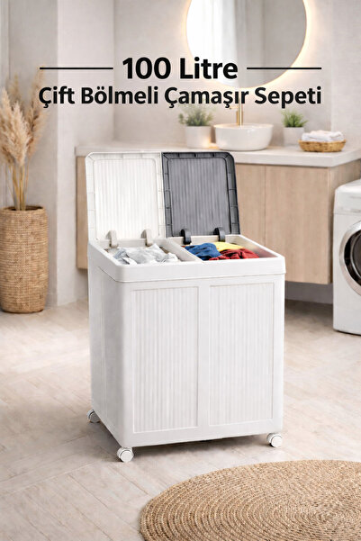 clasavm İki Bölmeli Tekerlekli 100 Litre Çamaşır Sepeti - Çift Hazneli Katlan...