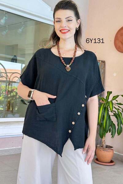 İnce Topuk Cross Buttoned Linen Blouse 6Y131