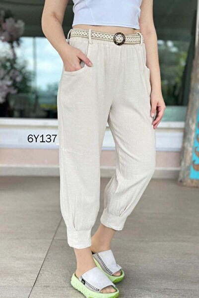 İnce Topuk Λινό παντελόνι με λάστιχο στα μπατζάκια και ζώνη 6y137
