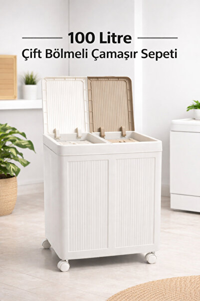 clasavm İki Bölmeli Tekerlekli 100 Litre Çamaşır Sepeti - Çift Hazneli Katlan...