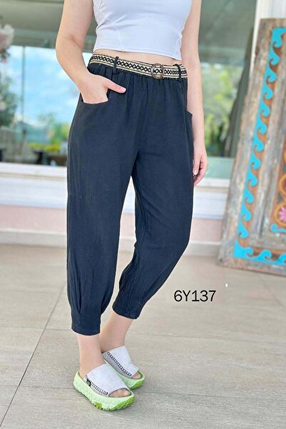 İnce Topuk Λινό παντελόνι με λάστιχο στα μπατζάκια και ζώνη 6y137