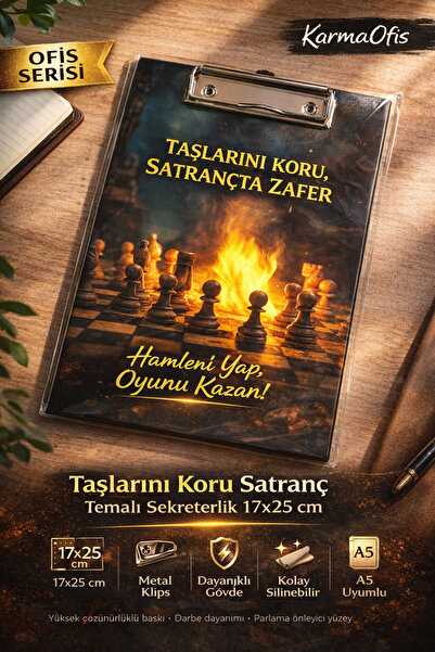 KarmaOfis Taşlarını Koru Satranç Temalı Sekreterlik 17x25 cm | A5 Uyumlu Meta...