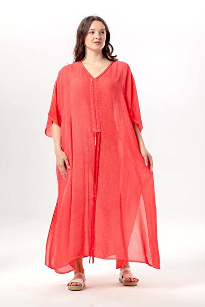 Eliş Şile Bezi Ocean Side Slit Casual Cut Summer Viscose Pareo Pomegranate Fl...