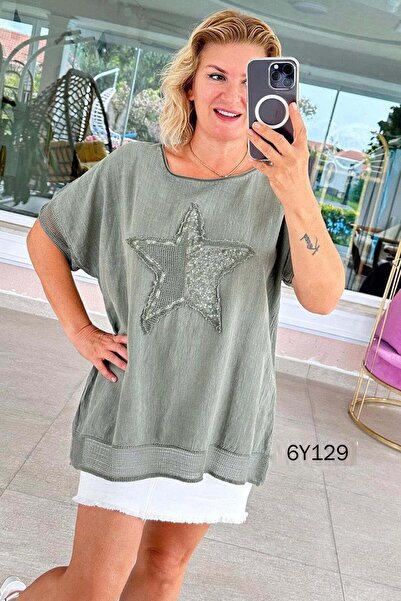 İnce Topuk File Detail Starry Linen Blouse 6Y129