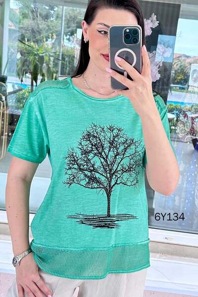 İnce Topuk Tree Printed Mesh Cotton Blouse 6Y134