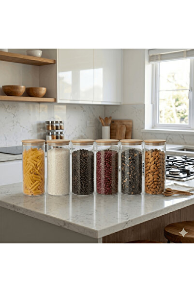 NOKKA Set of 6 Borosilicate Glass Jars with Bamboo Lids 1300 ml Spice Contain...
