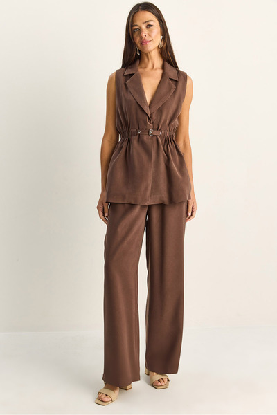 Bianco Lucci Kadın Beli Lastikli Toka Detaylı Astarlı Yelek Çift Pileli Bol P...