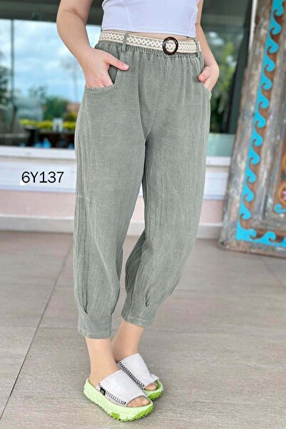 İnce Topuk Λινό παντελόνι με λάστιχο στα μπατζάκια και ζώνη 6y137