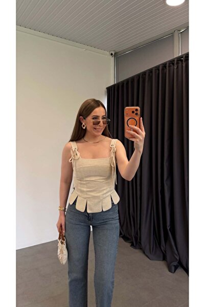 elif teke Korse Görünümlü Dilimli Bluz Bej