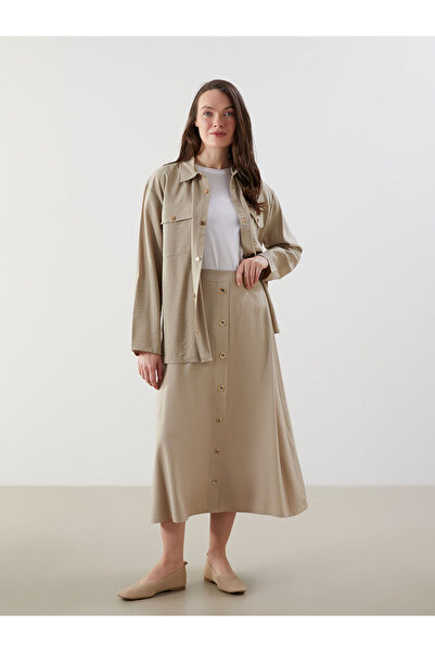 LC Waikiki Γυναικεία φούστα LCW Grace Beige με ελαστική μέση και λινή όψη