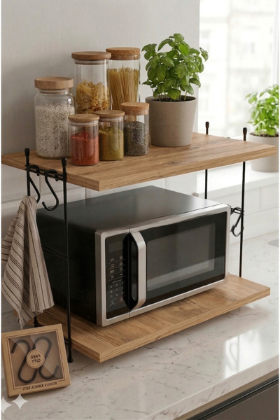 HomeSide Tezgah Üstü 2 Raflı Mikrodalga ve Baharat Rafı – Çok Amaçlı Mutfak D...