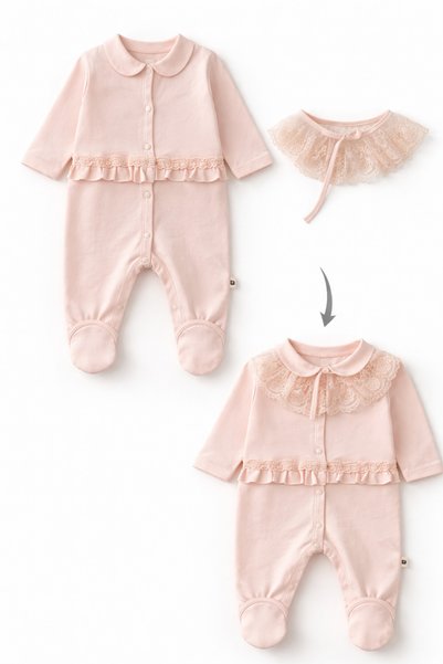 VERONA TARZ Baby Girl 6-Piece Hospital Discharge Set with Lace Collar, Removable Blanket Included, Newborn 100% Cotton