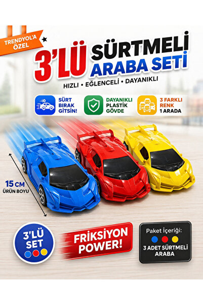 KAR TANESİ 3’lü Sürtmeli Oyuncak Araba Seti 15 CM Büyük Boy Karne Hediyesi Do...
