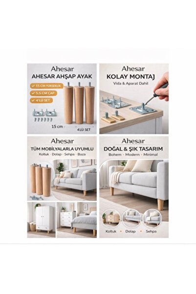 AHESAR TİCARET Ahesar Ahşap Koltuk Ayağı 15cm 4 'lü Set - 5.5 cm Çap, Vida Ap...
