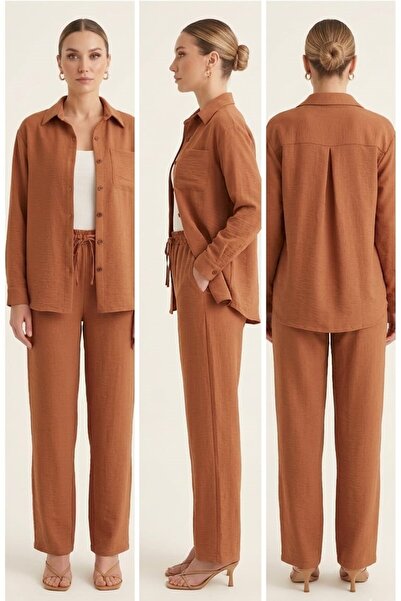 EKAY Brick Red Oversize Shirt Sofia Linen Bottom Top 2-Piece Set (Pants Lengt...