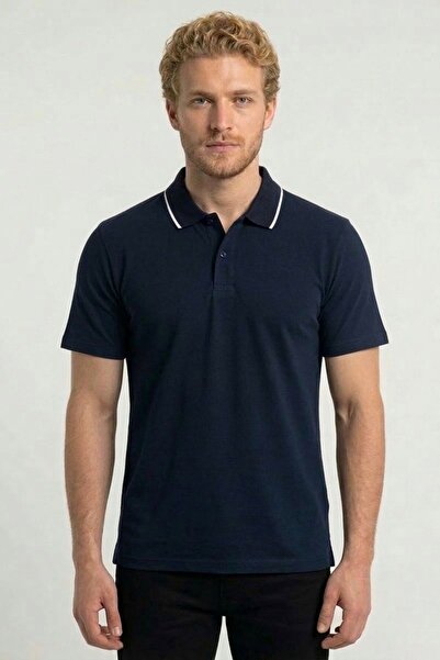 MC Company Men's Cotton Fabric Regular Fit Navy Blue Collar Detailed Polo Nec...
