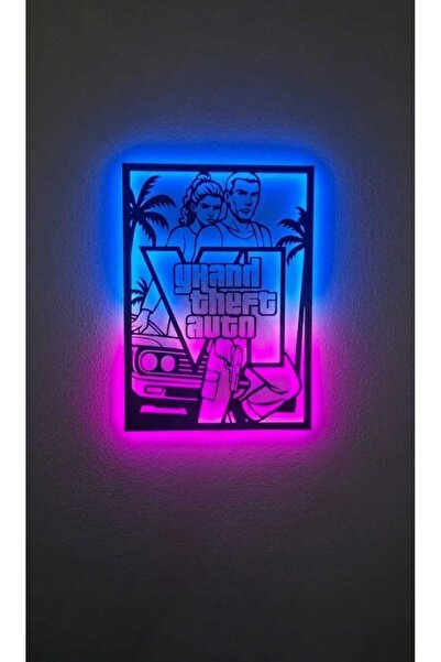 ElertDesignStudio GTA LED Ahşap Duvar Dekoru Gaming Oda Dekoru - El Yapımı La...