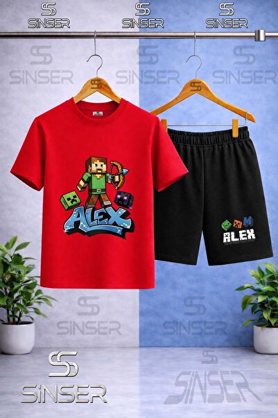 SS SİNSER تي شيرت للأطفال مطبوع عليه ALEKS OK ATAN برقبة دائرية - طقم شورت