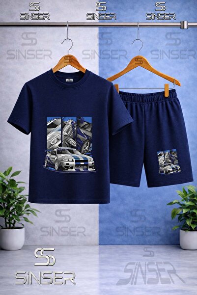 SS SİNSER Children's Car Blue Multiple Square Printed Crew Neck T-Shirt - Sho...
