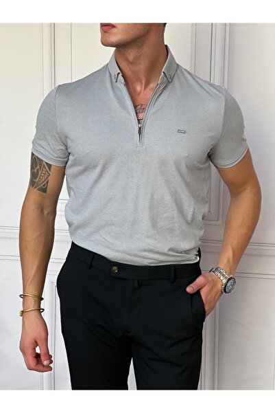 MODEFENDİ Βαμβακερό μπλουζάκι Lycra Slim Fit με φερμουάρ στο γιακά