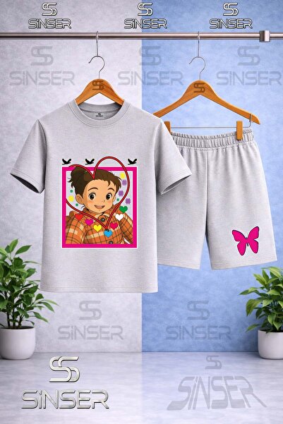 SS SİNSER Kids' Crn Girl Heart Printed Crew Neck T-Shirt - Shorts Set