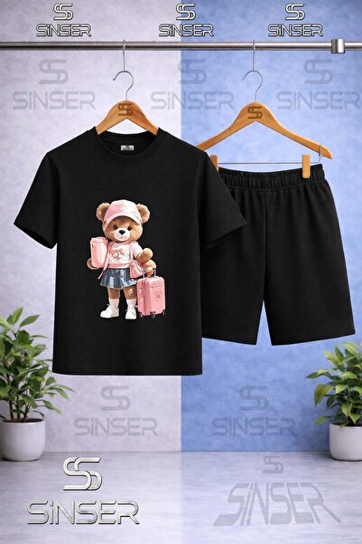 SS SİNSER Children's T-Shirt with Bear and Suitcase Print - Short Set