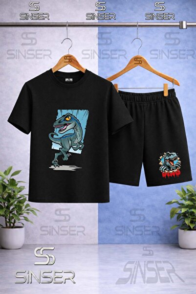 SS SİNSER Children's Dinosaur Turquoise Canvas Printed Crew Neck T-Shirt - Sh...
