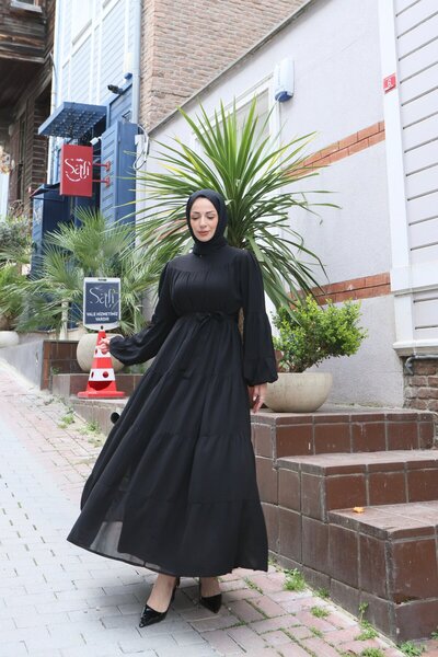 HNT Hayrunnisa Tesettür Kuşaklı Kat Kat Şifon Elbise Siyah HNT8595