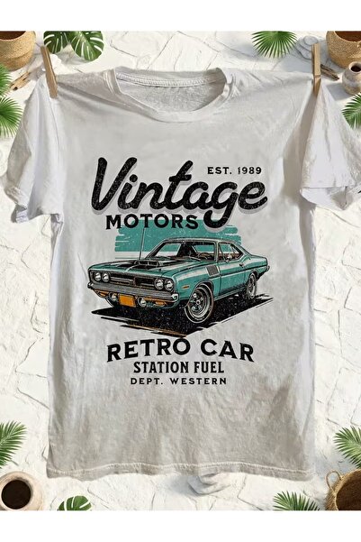 AEMİ Tricou unisex cu imprimeu Vintage Motors, supradimensionat, cu gât rotund