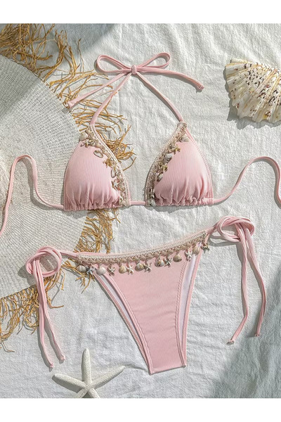 LA VALİENTE Rosa - Toz pembe deniz Kabuğu Detaylı Üçgen Bikini Takımı - İpli ...