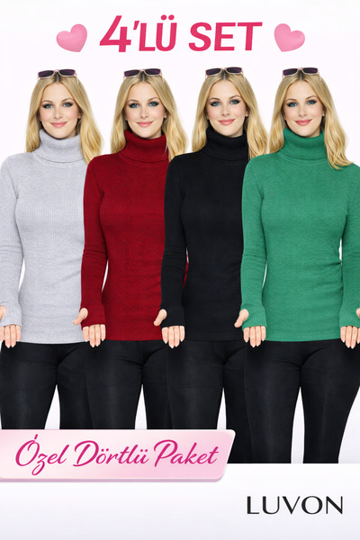 LUVON Σετ 4 τεμαχίων Πουλόβερ με λεπτομέρεια στον λαιμό και στα δάχτυλα Premi...