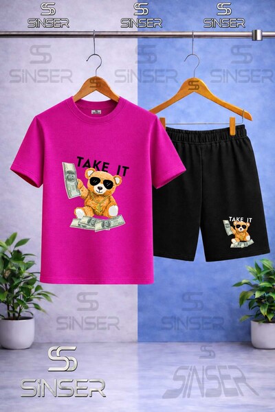 SS SİNSER Children's Ayicik Take It Black Printed Crew Neck T-Shirt - Shorts Set