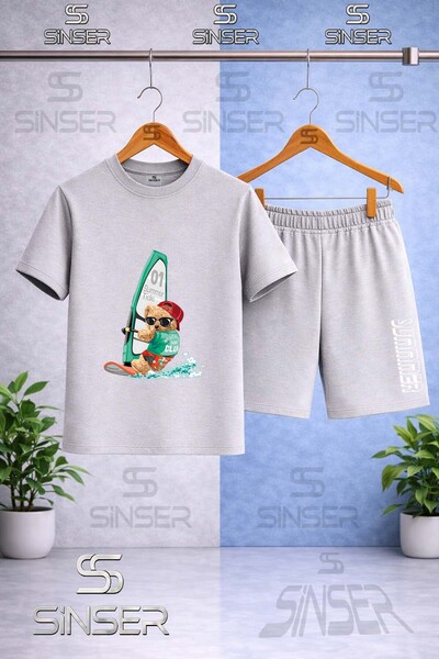 SS SİNSER Children's Bear Surf Sea Printed Crew Neck T-Shirt - Shorts Set