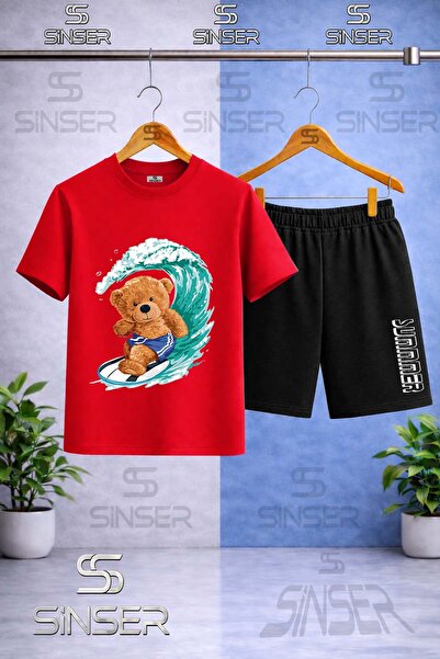 SS SİNSER Children's Ayicik Sortlu Surf Printed Crew Neck T-Shirt - Shorts Set