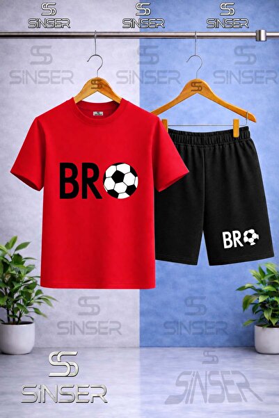 SS SİNSER تي شيرت برقبة دائرية مطبوع عليه BRO TOP YAZI SYH للأطفال - طقم شورت