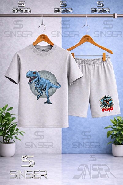 SS SİNSER Children's Dinosaur Blue Circle Printed Crew Neck T-Shirt - Shorts Set