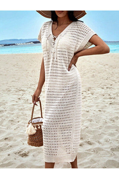 SÇLK Γυναικείο καλοκαιρινό διάτρητο πλεκτό φόρεμα εκρού με κορδόνια για την π...