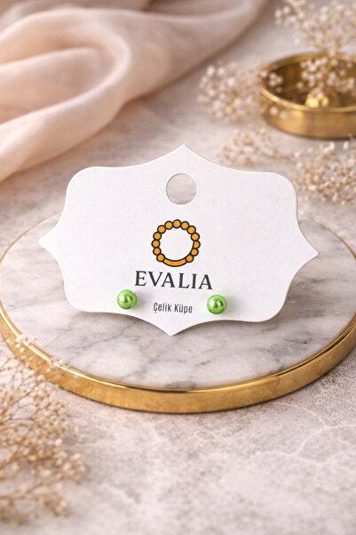 Evalia Takı İnci Küpe - Yeşil İnci Top Çelik Küpe