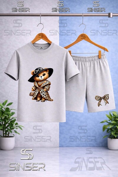 SS SİNSER Children's Bear Leopard Fur Printed Crew Neck T-Shirt - Shorts Set