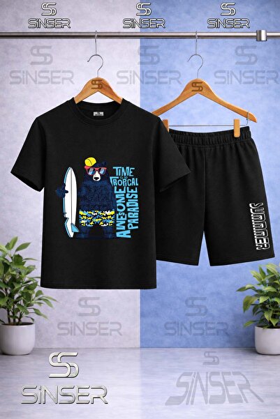SS SİNSER Children's Ayicik Syh Surf Sapka Printed Crew Neck T-Shirt - Shorts...