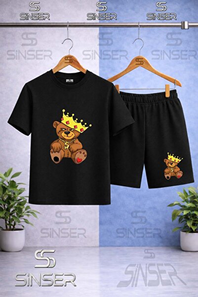 SS SİNSER Children's Bear Patched Crown Printed Crew Neck T-Shirt - Shorts Set