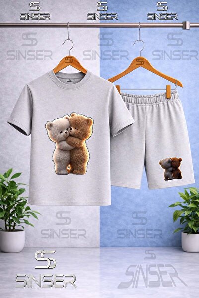 SS SİNSER Children's Bear Hug 2-Piece Printed Crew Neck T-Shirt - Shorts Set