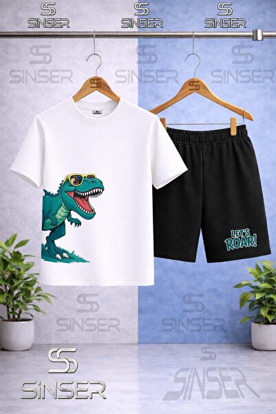 SS SİNSER Children's Dinosaur Glasses Green Side Printed Crew Neck T-Shirt - ...